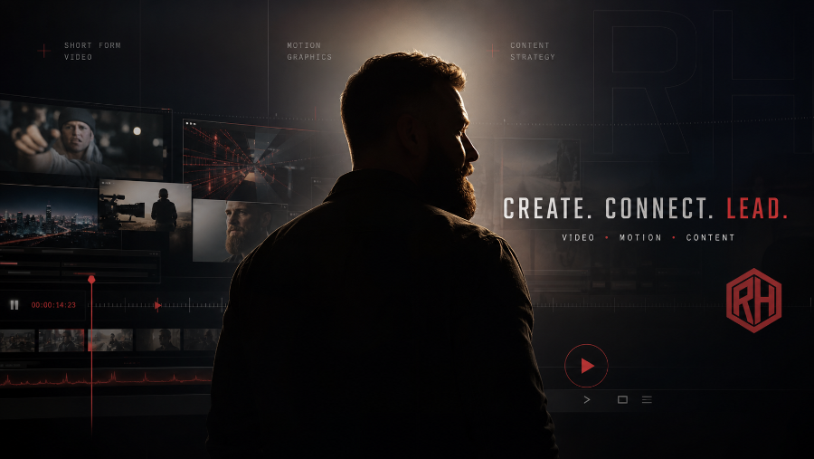 cinematic portfolio header image with a creator figure in the middle, subtle motion graphics accents, and a dark, polished brand-design aesthetic.